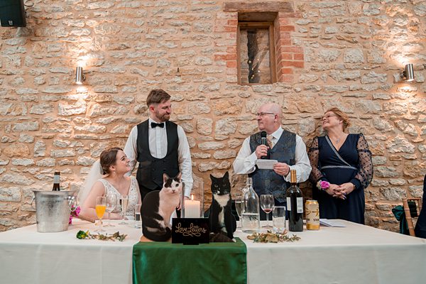 Wedding toast with cats at reception table.