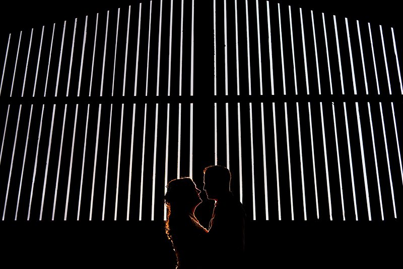 Silhouetted couple with illuminated vertical lines background.