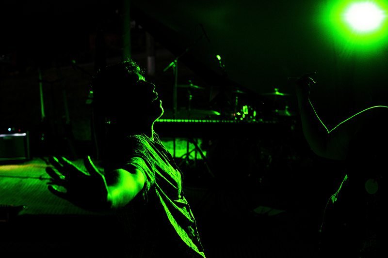 Singer silhouette with microphone under green stage lights.