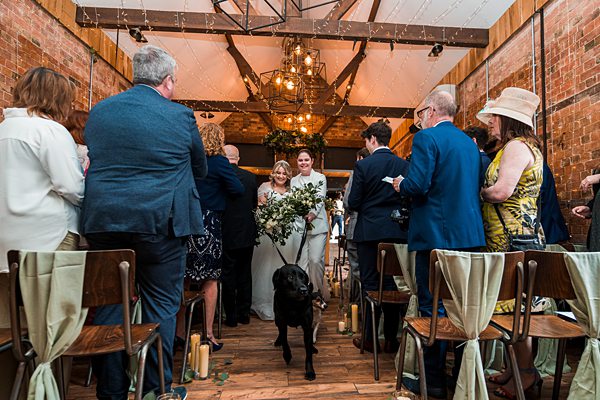 Bride walking down aisle with dog at rustic wedding.