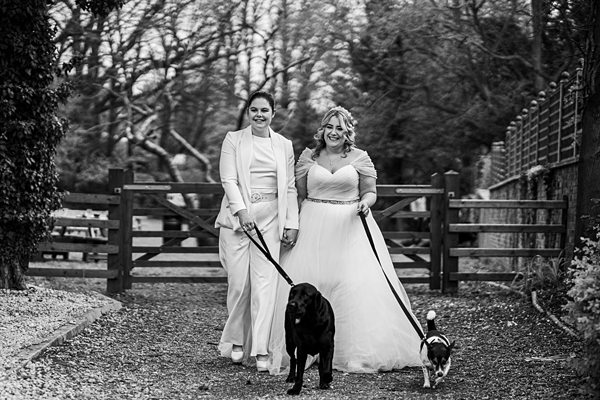 Bridal couple with dogs walking on pathway in park.