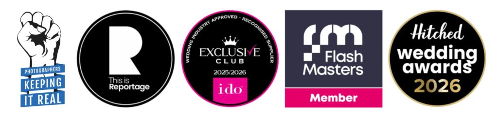 Wedding photography awards and recognition badges.